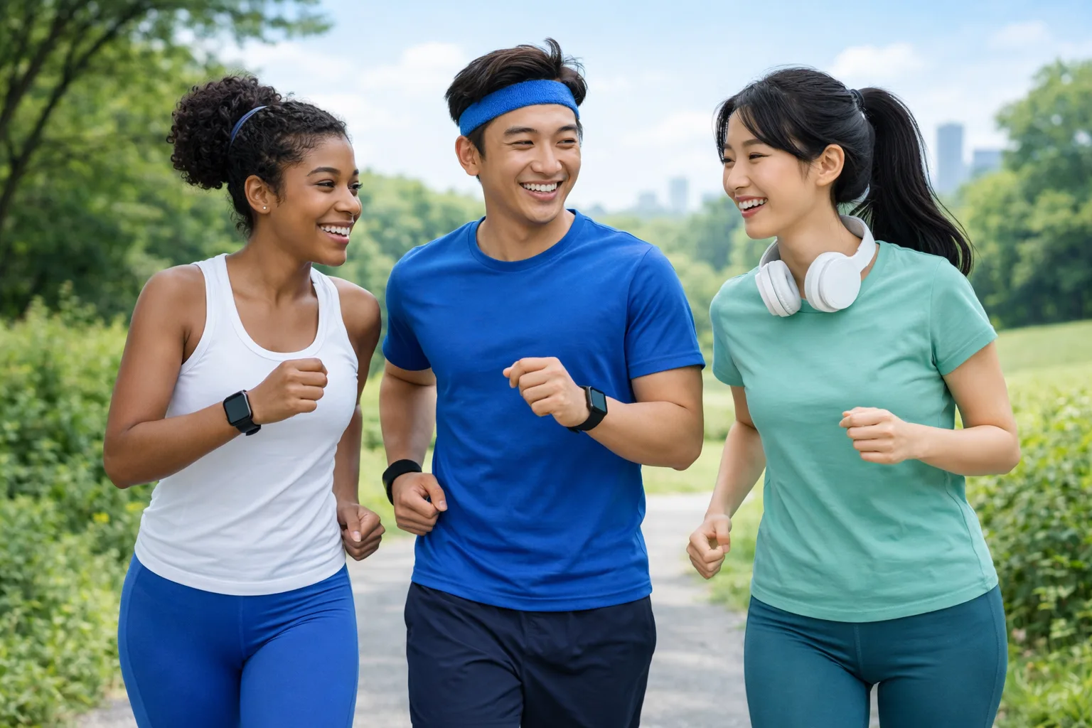 Drei Personen joggen fröhlich gemeinsam im Park – Community und Bewegung mit SteadyTurtle