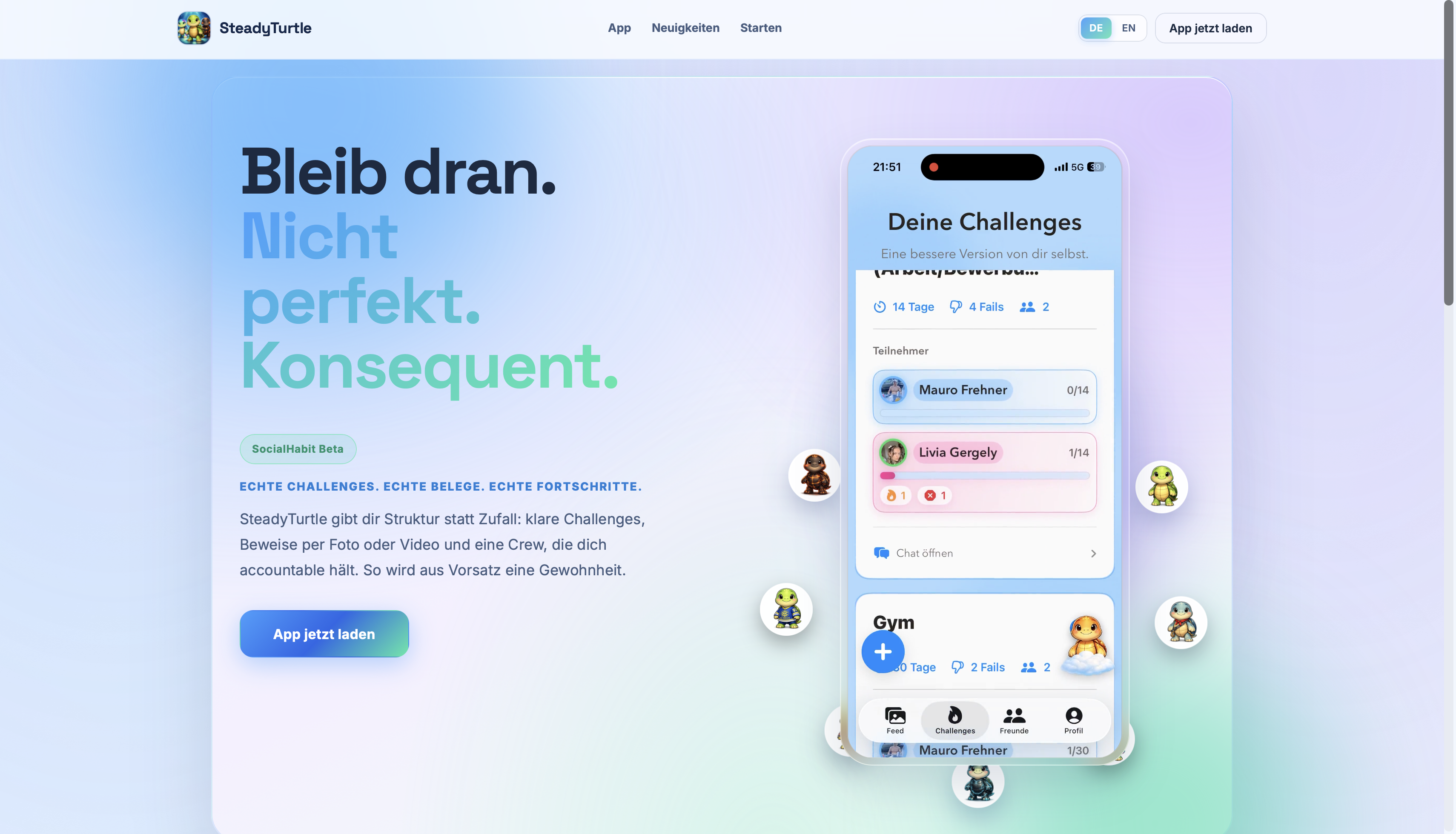 SteadyTurtle Website mit Hero-Bereich und Challenge-Ansicht in der App